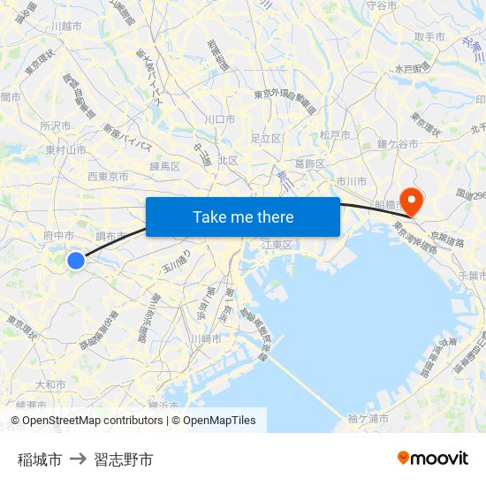 稲城市 to 習志野市 map