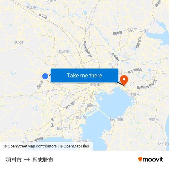 羽村市 to 習志野市 map