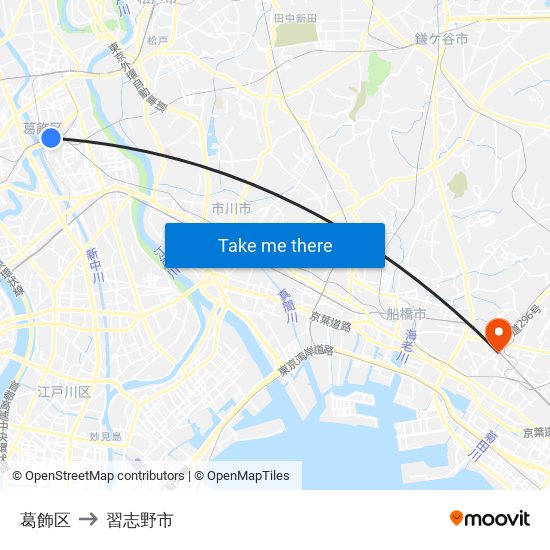 葛飾区 to 習志野市 map