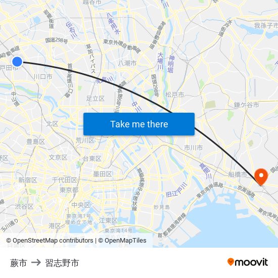 蕨市 to 習志野市 map