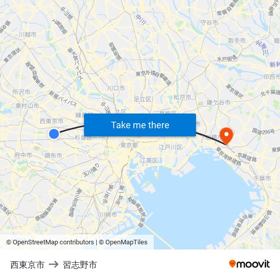 西東京市 to 習志野市 map