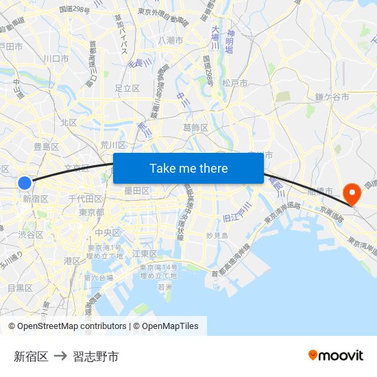 新宿区 to 習志野市 map