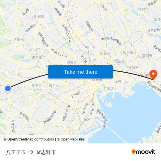 八王子市 to 習志野市 map
