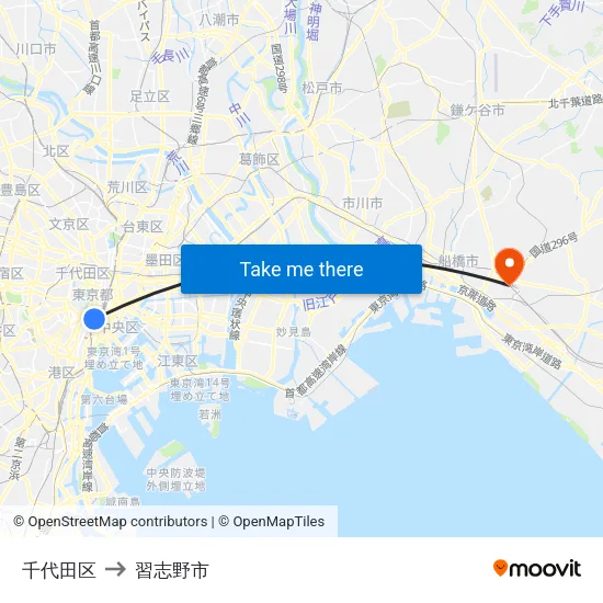 千代田区 to 習志野市 map
