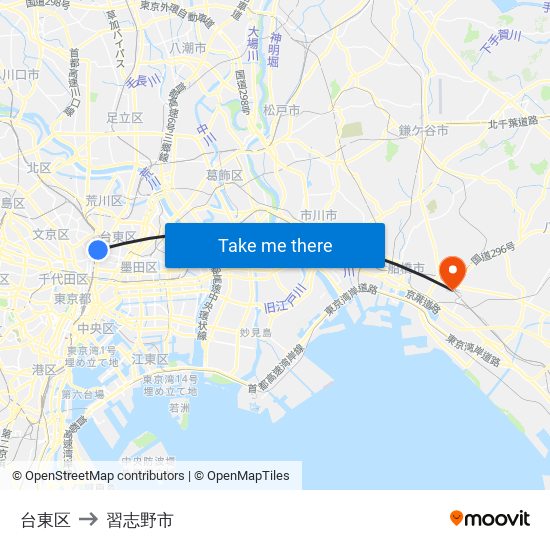 台東区 to 習志野市 map