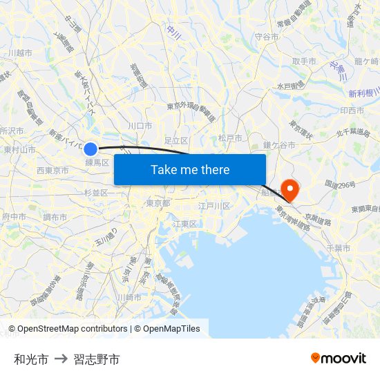 和光市 to 習志野市 map