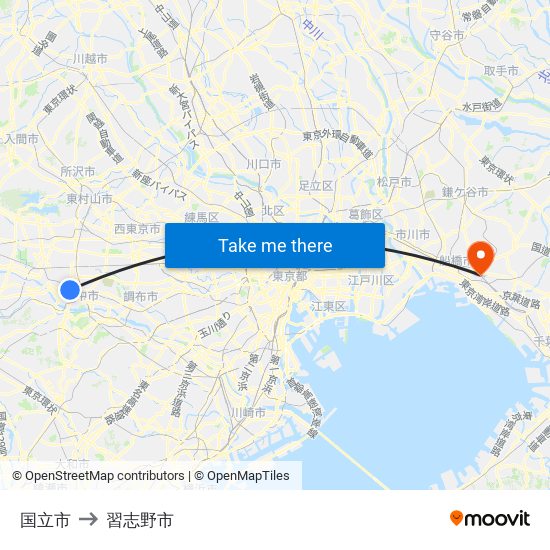 国立市 to 習志野市 map