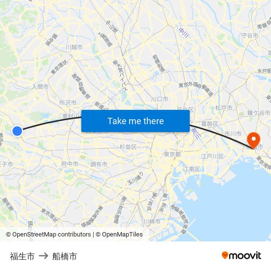福生市 to 船橋市 map