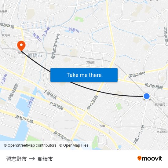 習志野市 to 船橋市 map