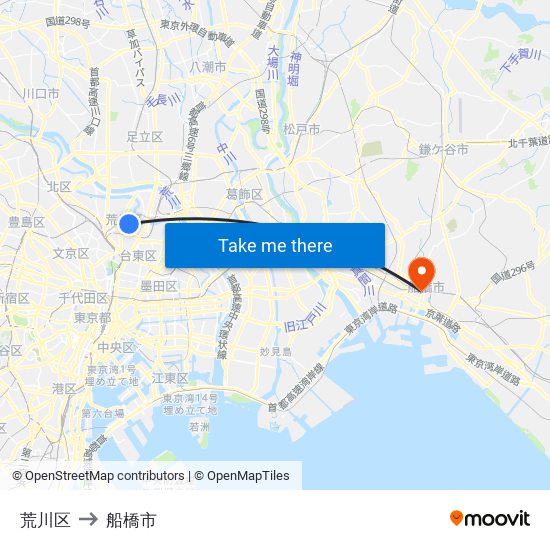 荒川区 to 船橋市 map