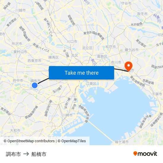 調布市 to 船橋市 map