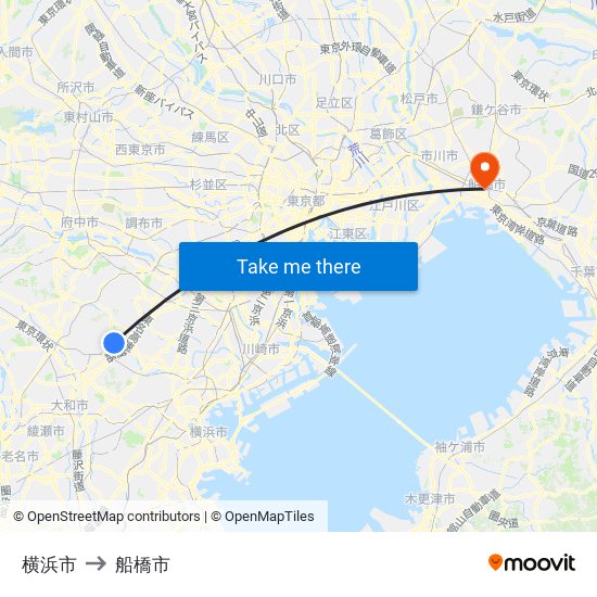 横浜市 to 船橋市 map