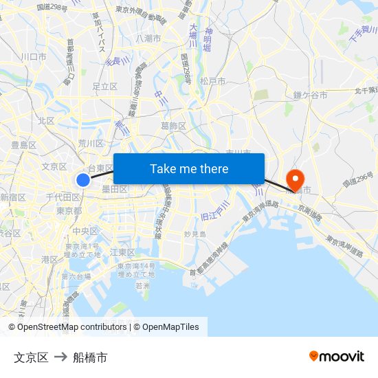 文京区 to 船橋市 map