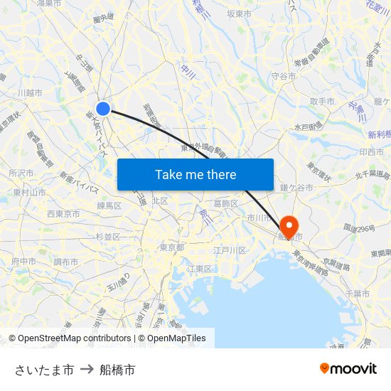 さいたま市 to 船橋市 map
