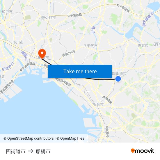 四街道市 to 船橋市 map