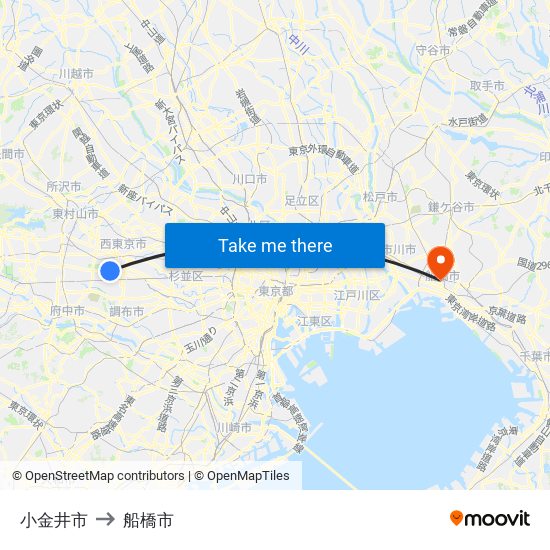小金井市 to 船橋市 map