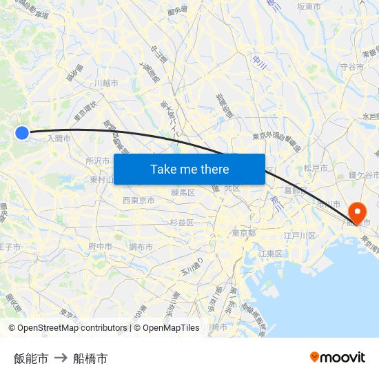 飯能市 to 船橋市 map