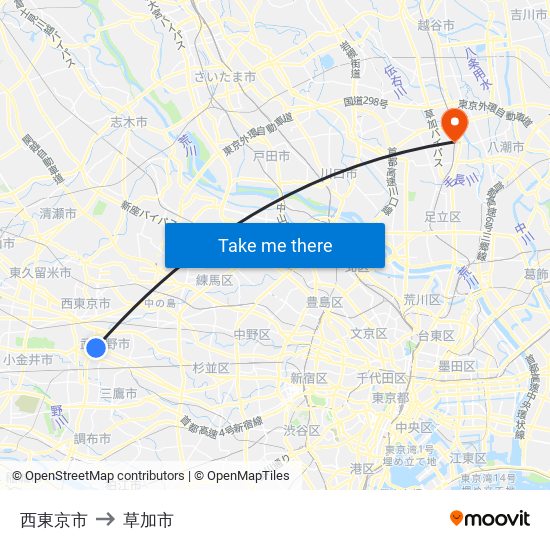 西東京市 to 草加市 map
