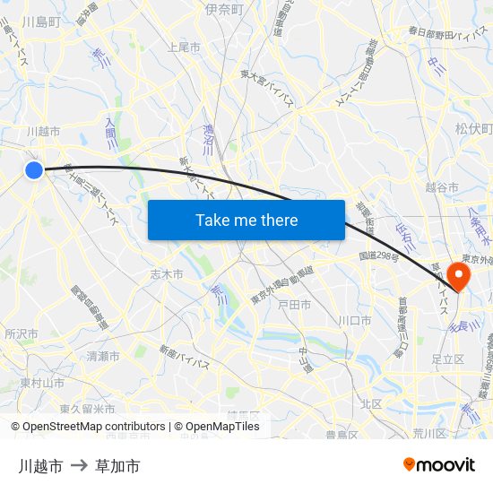 川越市 to 草加市 map