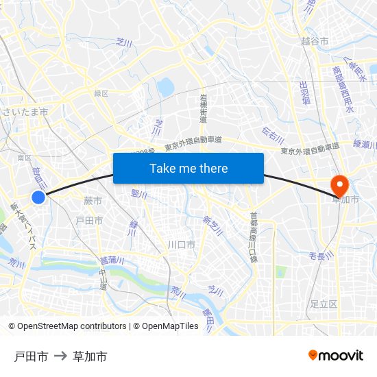 戸田市 to 草加市 map