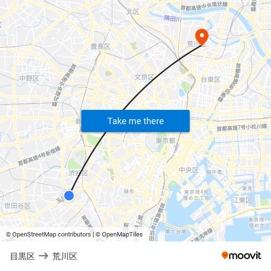 目黒区 to 荒川区 map