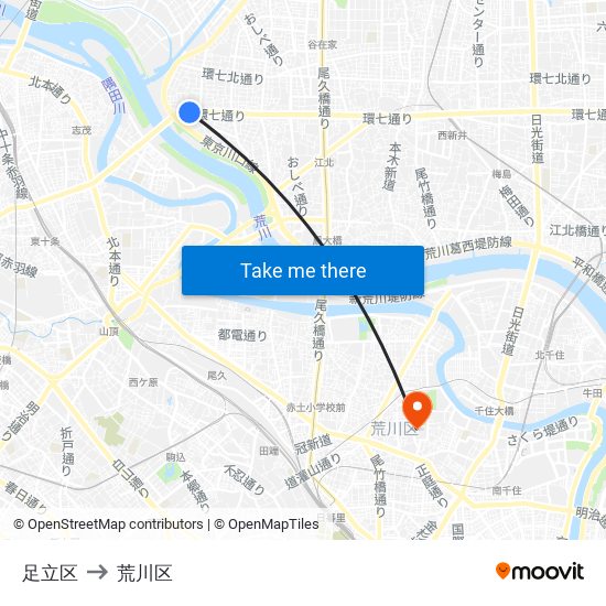 足立区 to 荒川区 map