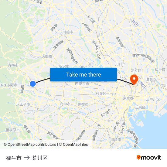 福生市 to 荒川区 map