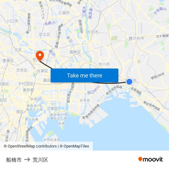 船橋市 to 荒川区 map