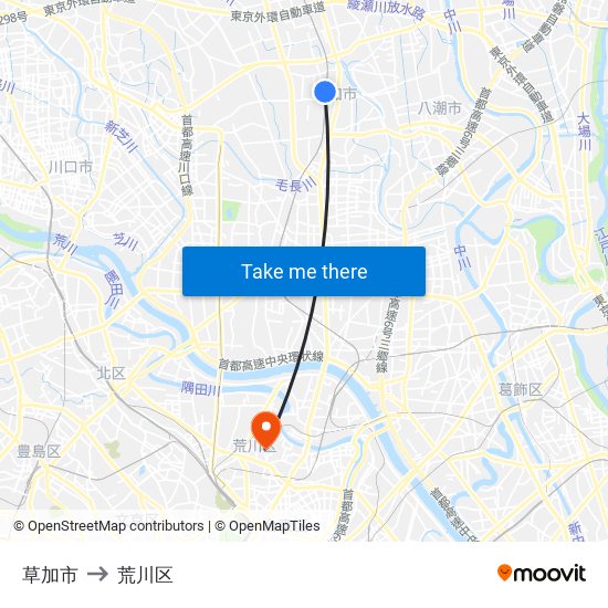 草加市 to 荒川区 map