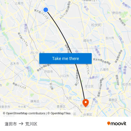 蓮田市 to 荒川区 map