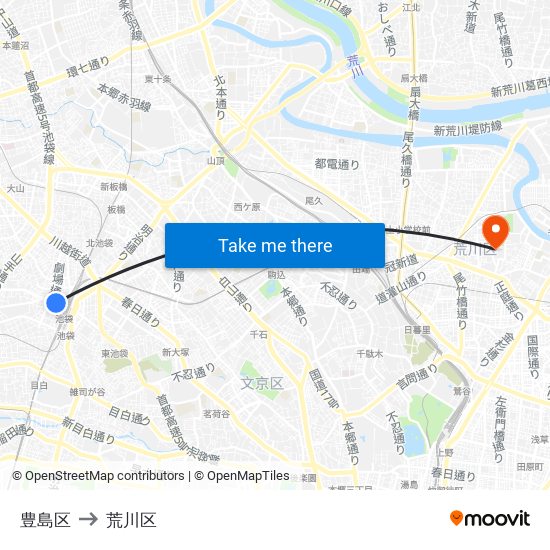 豊島区 to 荒川区 map