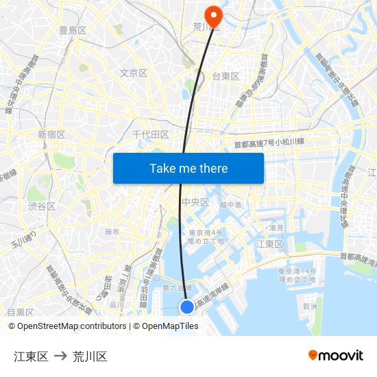 江東区 to 荒川区 map