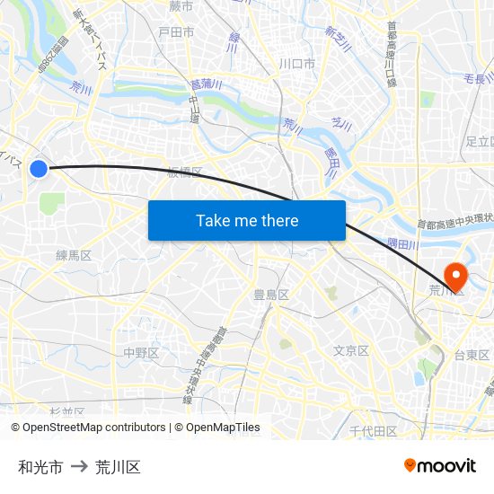 和光市 to 荒川区 map