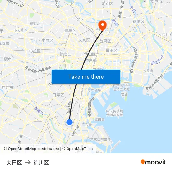 大田区 to 荒川区 map