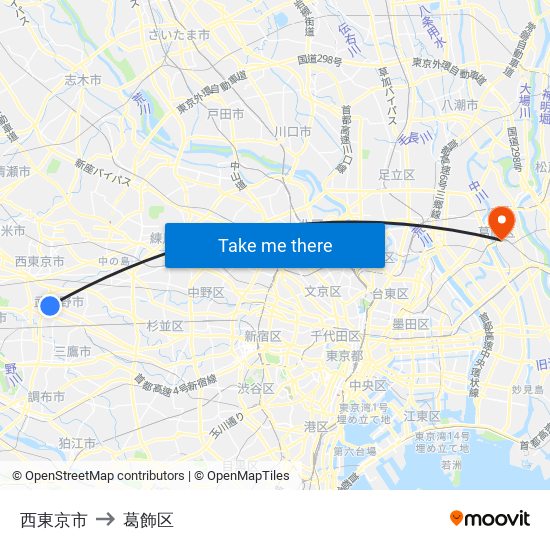 西東京市 to 葛飾区 map