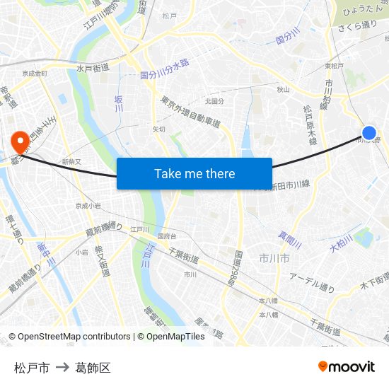 松戸市 to 葛飾区 map