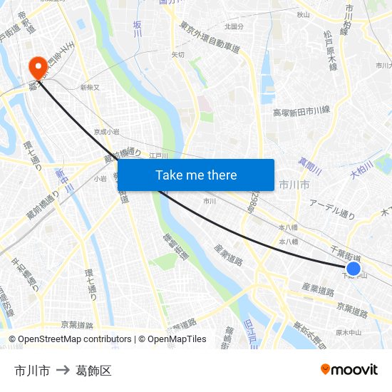 市川市 to 葛飾区 map
