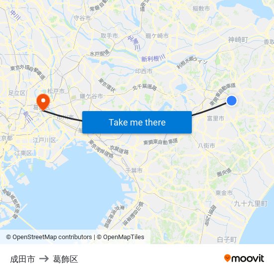 成田市 to 葛飾区 map