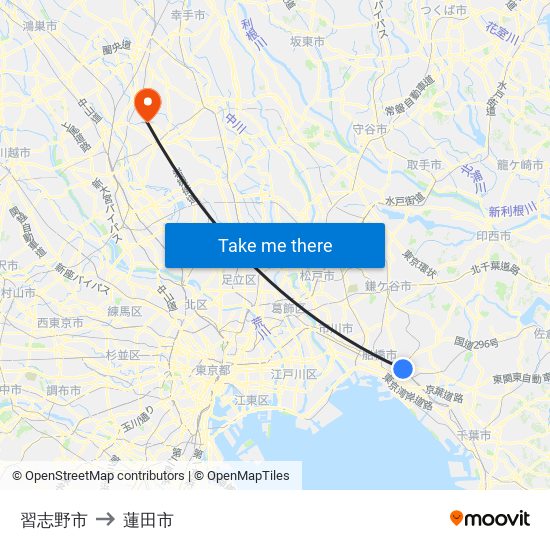 習志野市 to 蓮田市 map