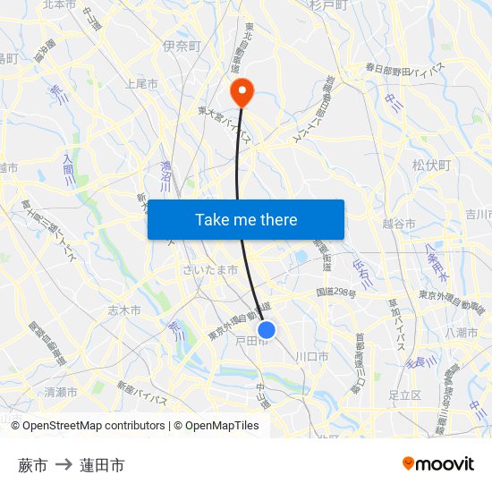 蕨市 to 蓮田市 map