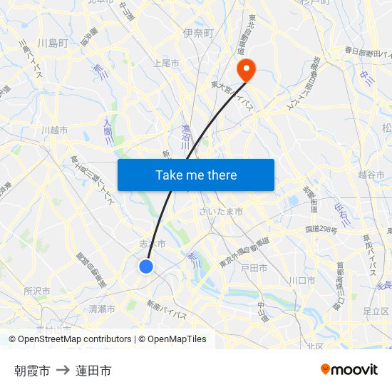朝霞市 to 蓮田市 map