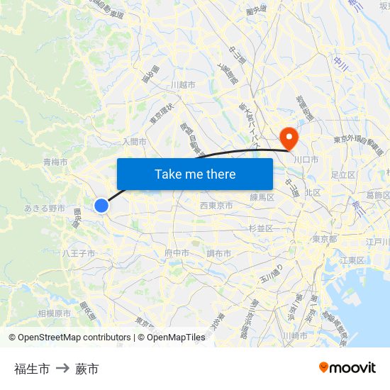 福生市 to 蕨市 map