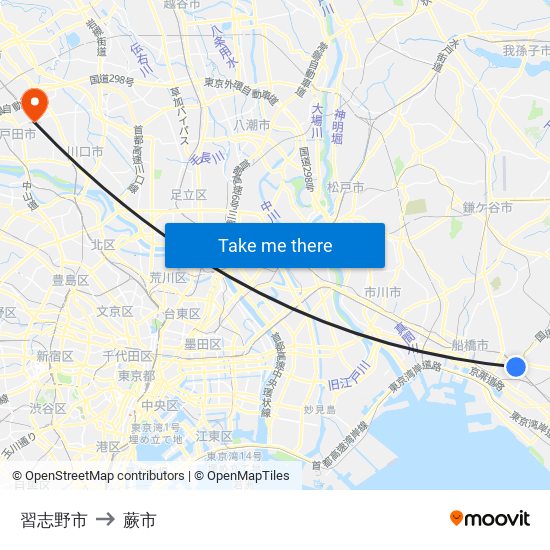 習志野市 to 蕨市 map