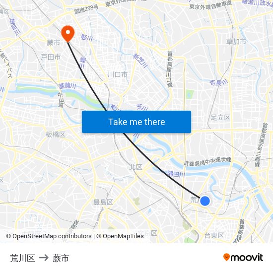 荒川区 to 蕨市 map