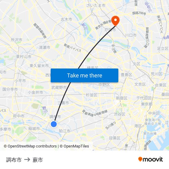 調布市 to 蕨市 map