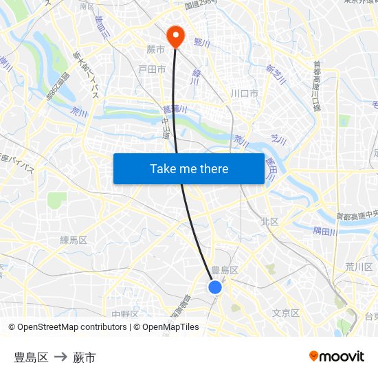 豊島区 to 蕨市 map