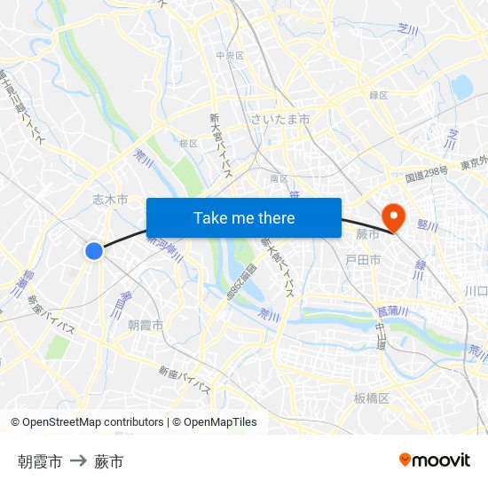 朝霞市 to 蕨市 map