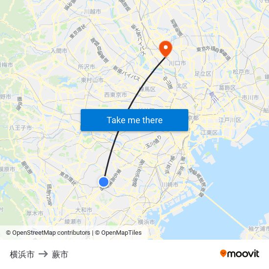 横浜市 to 蕨市 map