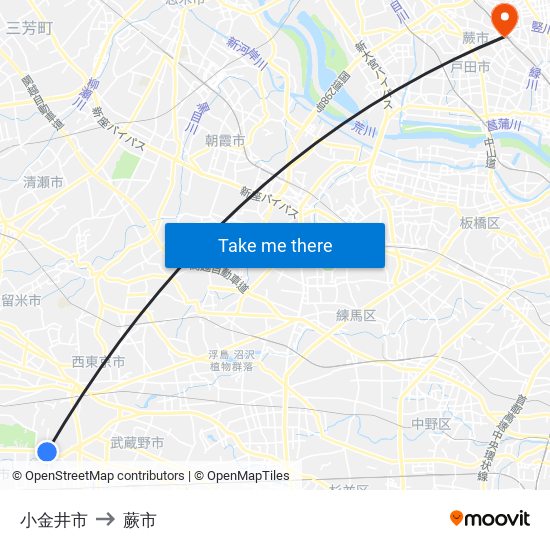小金井市 to 蕨市 map
