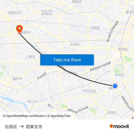 目黒区 to 西東京市 map